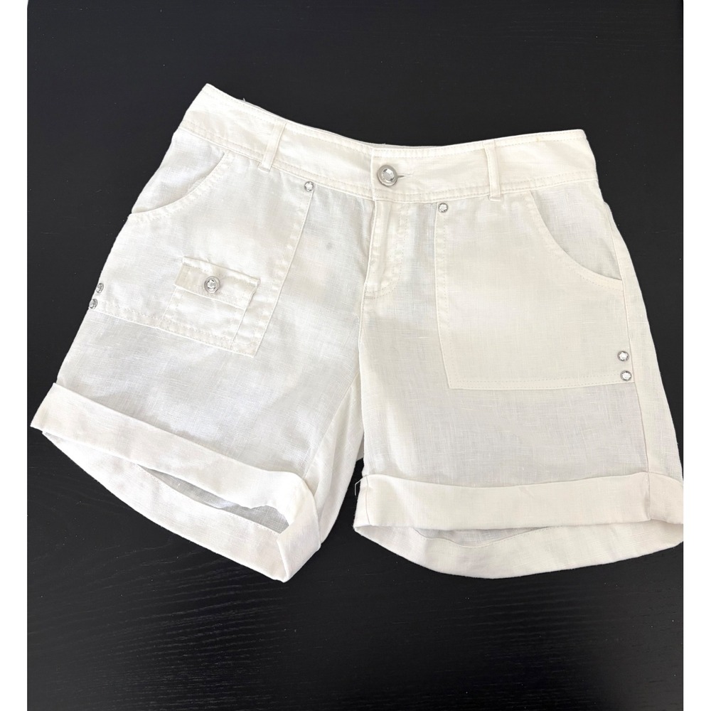 100% Linen Ivory Cuffed Shorts Resort Luxe Quiet Luxury Rhinestone Detail Size 2